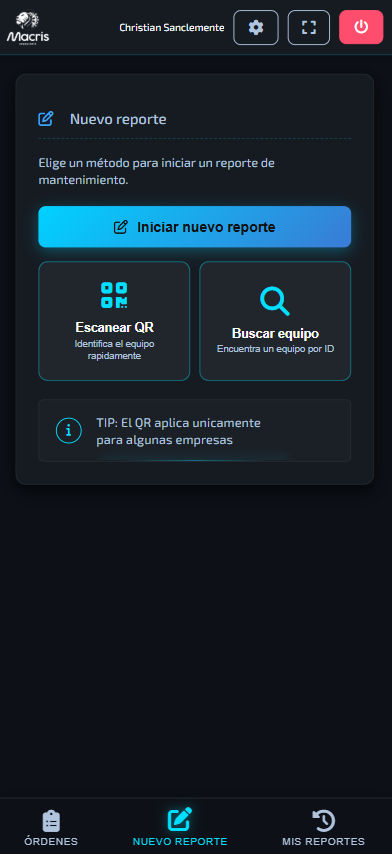 Pantalla móvil con formulario operativo de MACRIS